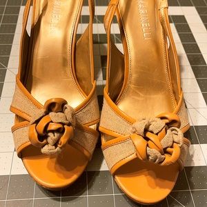 A. Marinelli 9.5 Swan shoes, natural, with rose knot and peep toe. Springtime!!